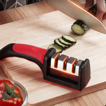 Imagem KIT 5 Amolador Afiador De Facas Em Aço Inoxidável Ferramentas De cozinha Profissional Promotion  Inox Com 3 Borda Profissional Base Emborrachado Promoção