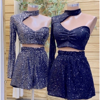 Cropped Paetê Mula Manca c/ gola alta Moda Festas feminina Brilho balada