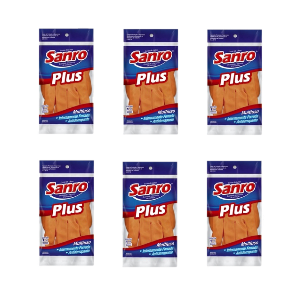 kit 6 Pares Luva Latex Limpeza Multiuso Plus Laranja - SANRO