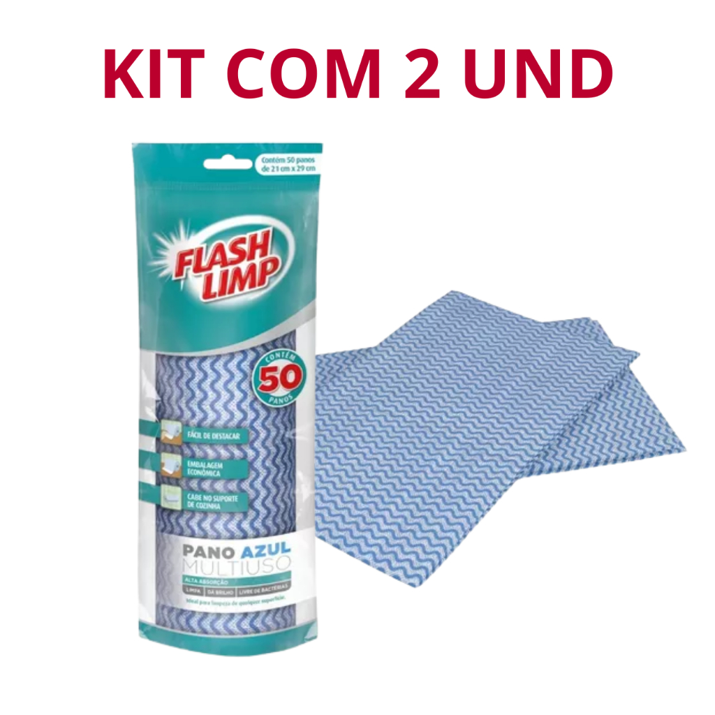 Kit com 2 Panos Perfex Rolo Com 25un Azul Multiuso Limpeza Flash Limp