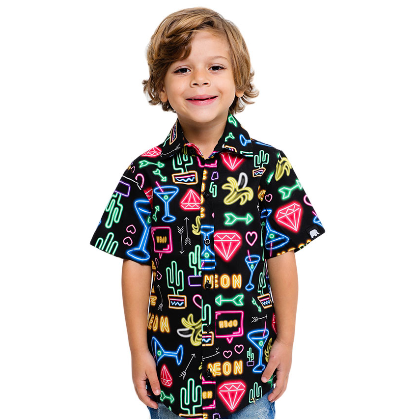 Camisa Infantil Neon Manga Curta Menino Estampada Colorida Verão Festa Balada Criança
