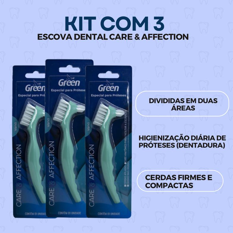 Detalhes do Kit 3 Escovas para Dentadura Cerdas Duras Dupla Area de Limpeza para Higiene de Protese - Green