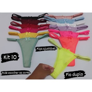 kit 10 calcinhas  fio duplo com  regulagem microfibra poliéster alça regulável string alça ajustável forro algodão levanta bumbum