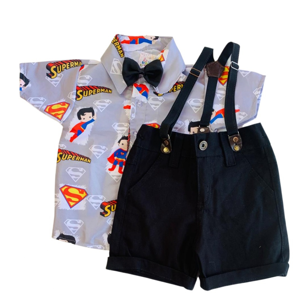 roupa infantil para menino temática SUPERMAN - acompanha bermuda gravata e suspensório