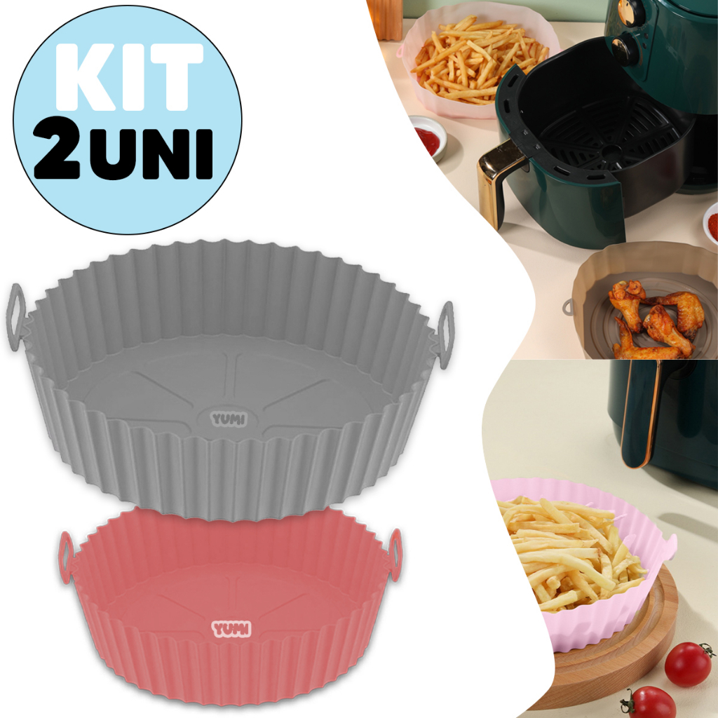 Kit 2 Cesto de Silicone Forma Redonda Air Fryer e Forno Fritadeira Elétrica com Alça Premium  + Garantia 1 ANO Original