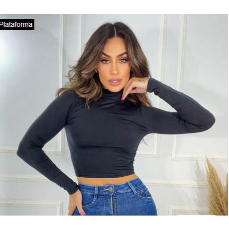 Cropped Manga Longa Térmica Blusa Feminina  Gola Alta Suplex Canelado Único Lycra Outono Inverno Sucesso