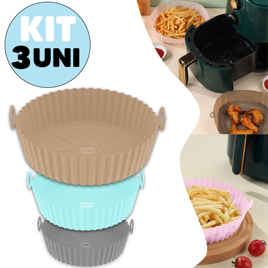 Kit 3 Cesto de Silicone Redondo Air Fryer e Forno Forma para Fritadeira Elétrica com Alça Grossa 80g + Resistente + Durável em Oferta na Shopee