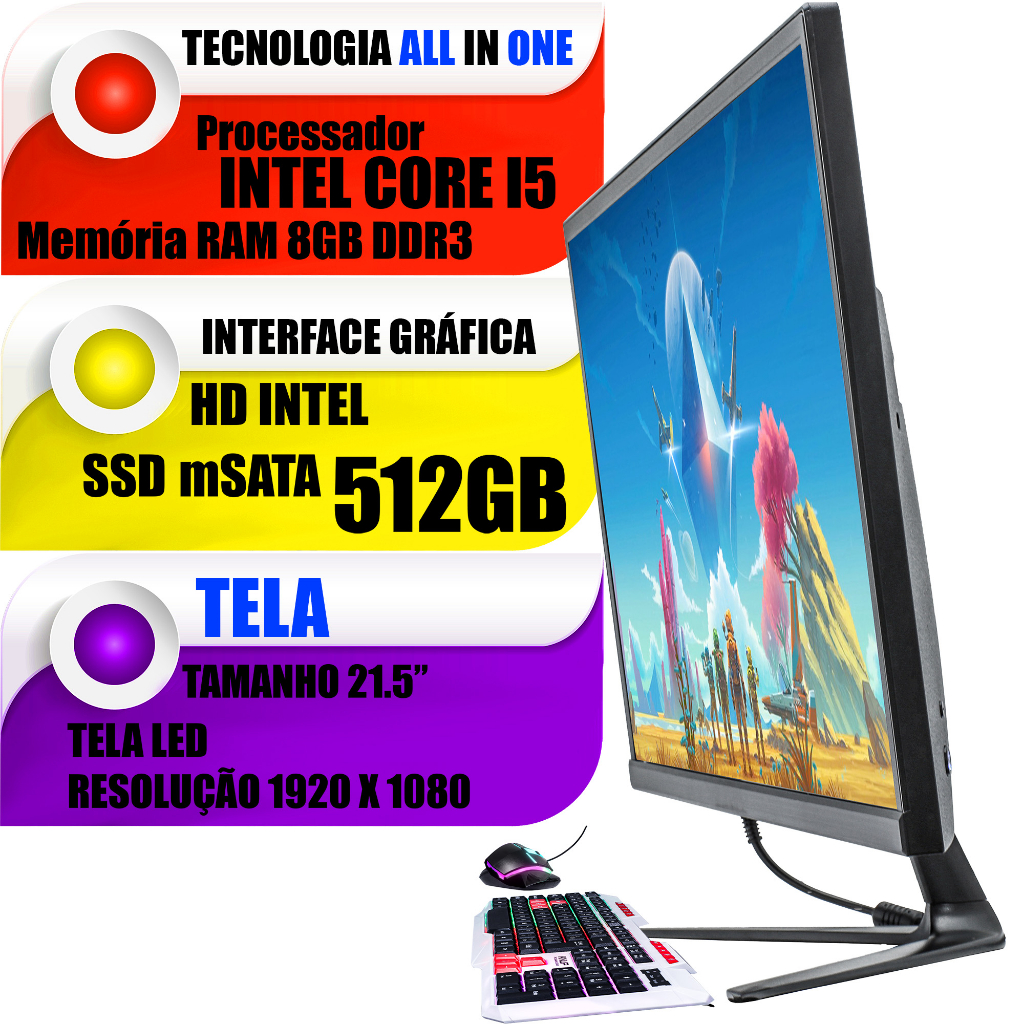 All In One Computador Completo Tela HD 25,5" Acompanha Teclado e Mouse Gamer 8GB Ram SSD Sata 512GB Conectividade Universal Wi-fi Bluetooth