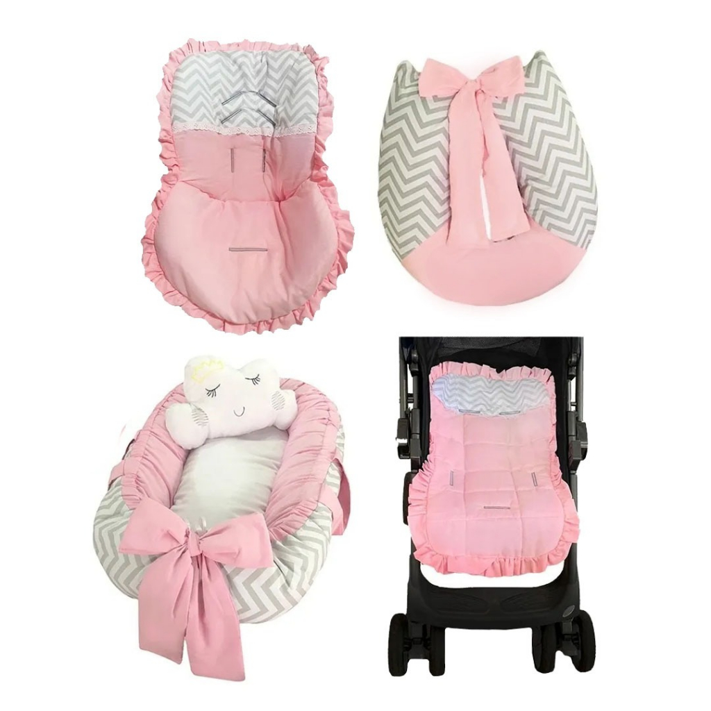 Kit 4 Peças Ninho Redutor de Berço + Almofada Amamentação +Capas Bebê conforto e Carrinho