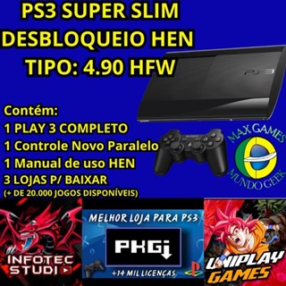 PS3 PLAYSTATION SUPER SLIM 500 GB H.E.N. COM 1 CONTROLE ENVIO FILMADO E FOTOGRAFADO SONY