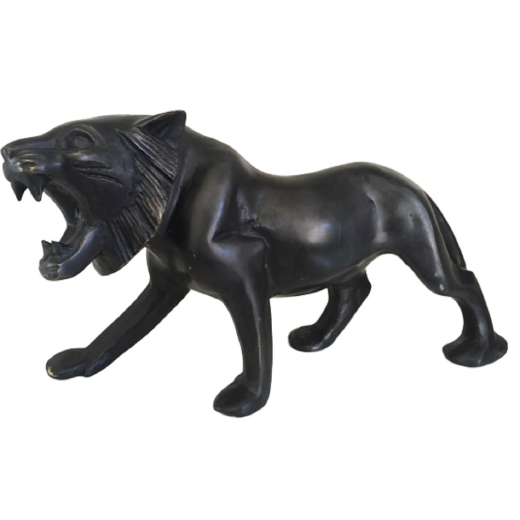 Leão Negro Em Bronze Oxidado Floresta Escultura Estatueta