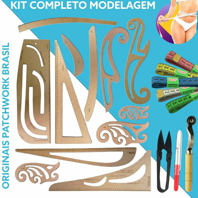 Kit 12 réguas francesas modelagem, fita metrica, tesoura, abridor de casa e uma carretilha pachwork br