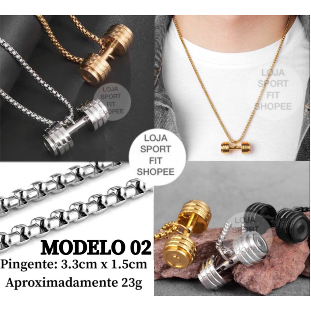 Colar Cordão Fit Haltere Anilha Aço Inoxidável  Corrente Mas Fem Academia Musculação Maromba Fitness