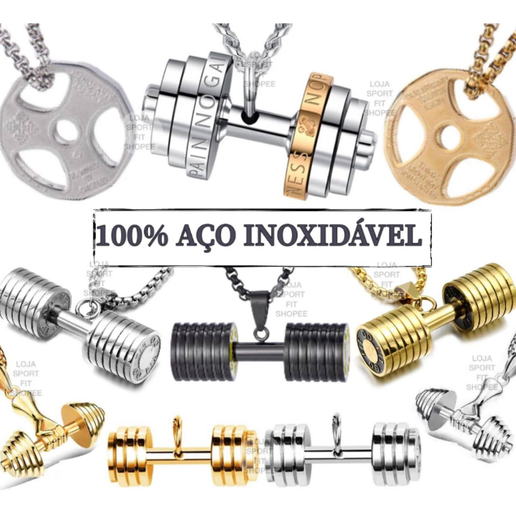 Colar Cordão Fit Haltere Anilha Aço Inoxidável  Corrente Mas Fem Academia Musculação Maromba Fitness