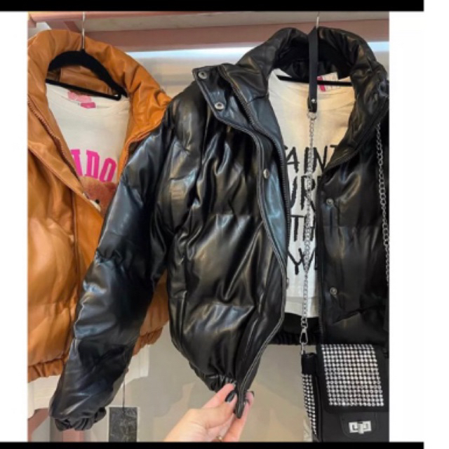 Jaqueta Puffer Feminina de Couro FORRADA COM CAPUZ