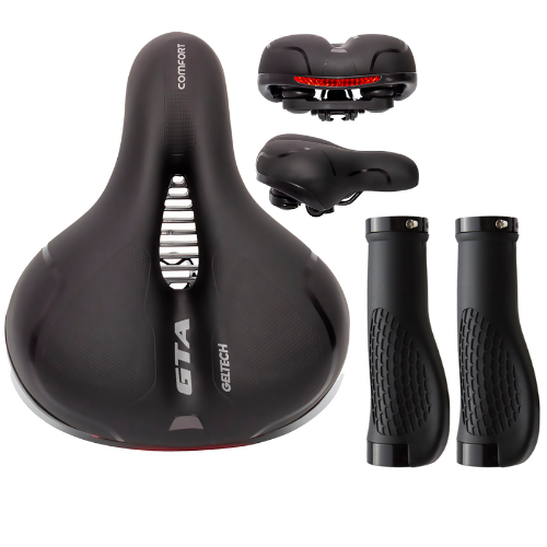 Banco Selim de Bicicleta 2 Molas Largo Macio Fita Refletiva Segurança Confortável + Manopla Punho de Bicicleta Anatômico C/ Travas Bike Ciclismo Ergonômica