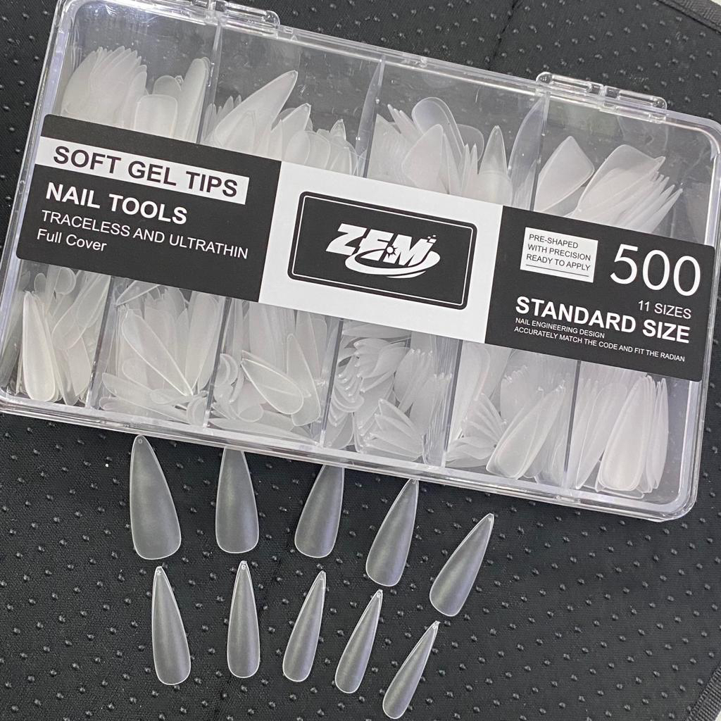 Kit c/500 Unhas Postiças Soft Gel Fosco Stiletto Zem Transparente Sem rastros e Ultrafino