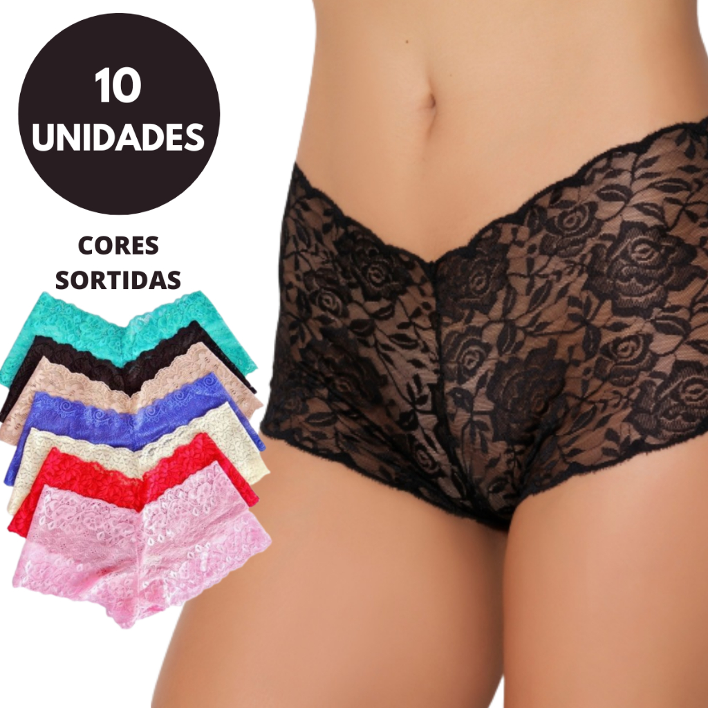KIT 10 Calcinha Calesson Short Caleçon Toda em Renda Lingerie Feminina