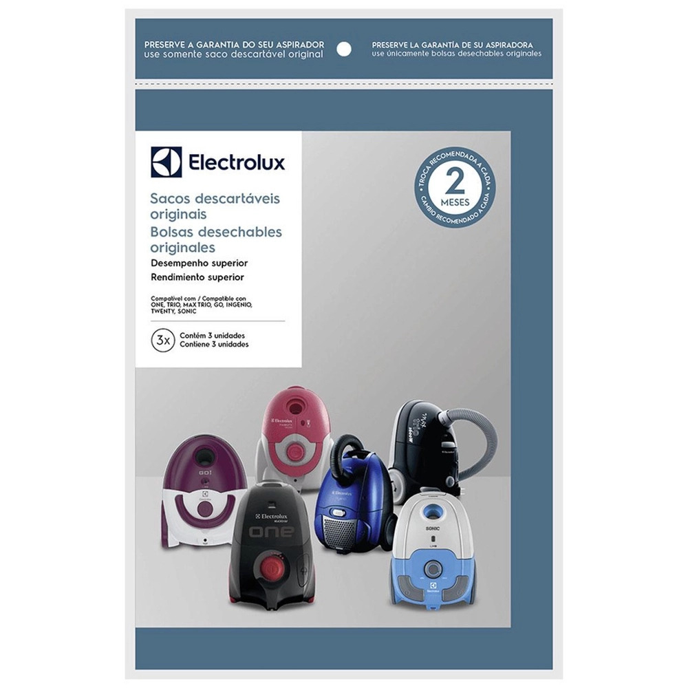 KIT 3 SACOS ASPIRADOR PÓ ELECTROLUX - ONE/TRIO/MAX TRIO/GO/INGENIO/TWENTY/SONIC - ORIGINAL