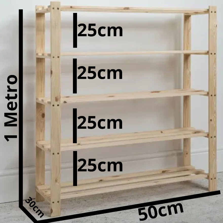 Estante 1 Metro Madeira Pinus 5 Prateleiras Multiuso Rack Organizador Sapateira.