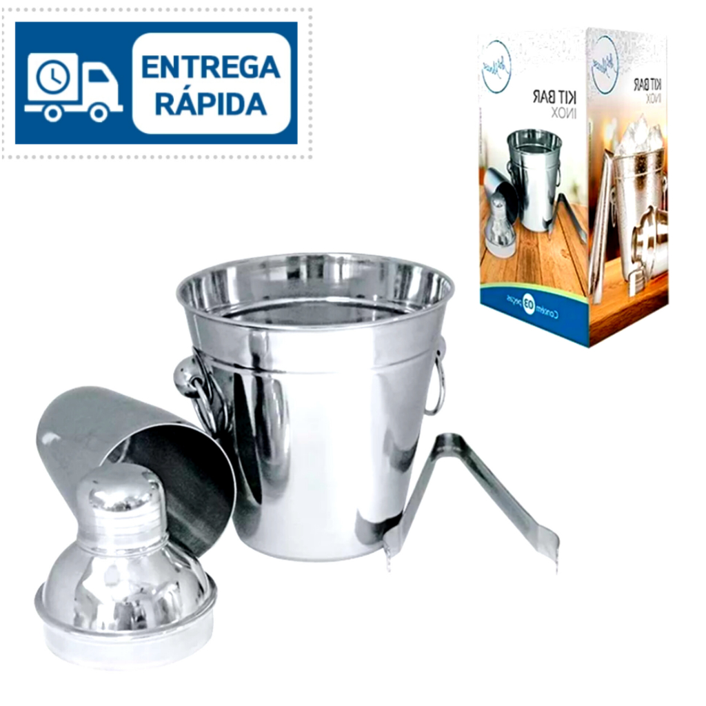 Kit Bar Caipirinha Drink 3 peças Coqueteleira Balde e Pegador de Gelo