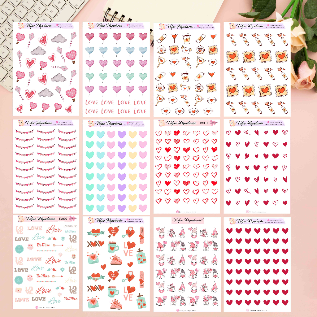 12 ou 8 Cartelas adesivas super fofas/dia dos namorados /decoração de planner