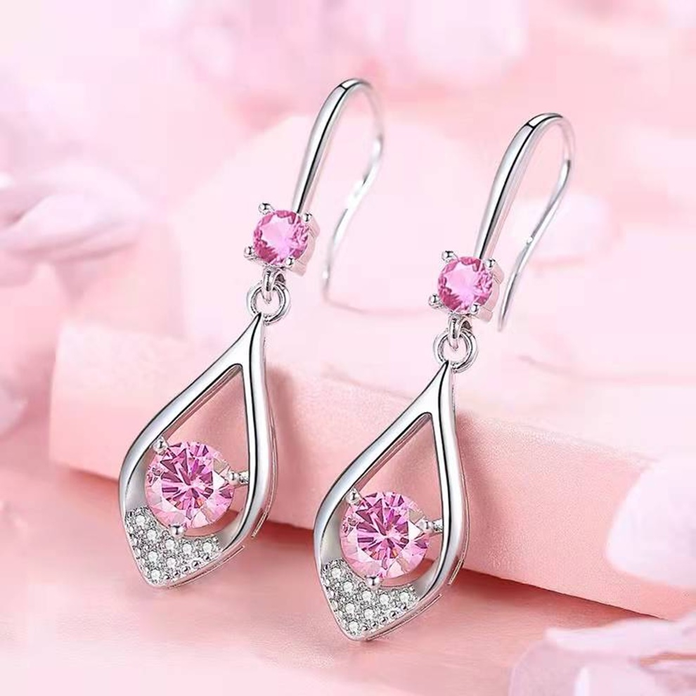 Brincos Femininos Gota de Água com Pedras Zircão em Prata Esterlina 925 Rosa