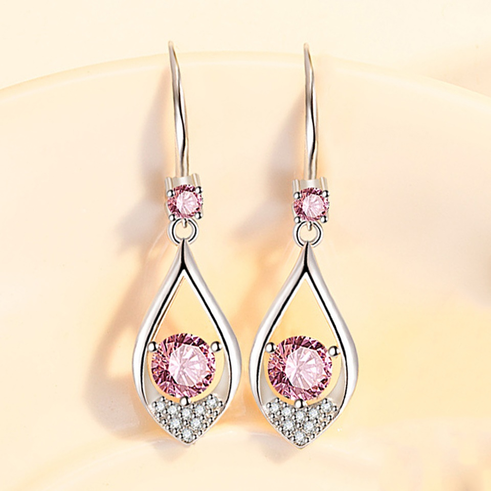 Brincos Femininos Gota de Água Rosa com Pedras Zircão em Prata Esterlina 925