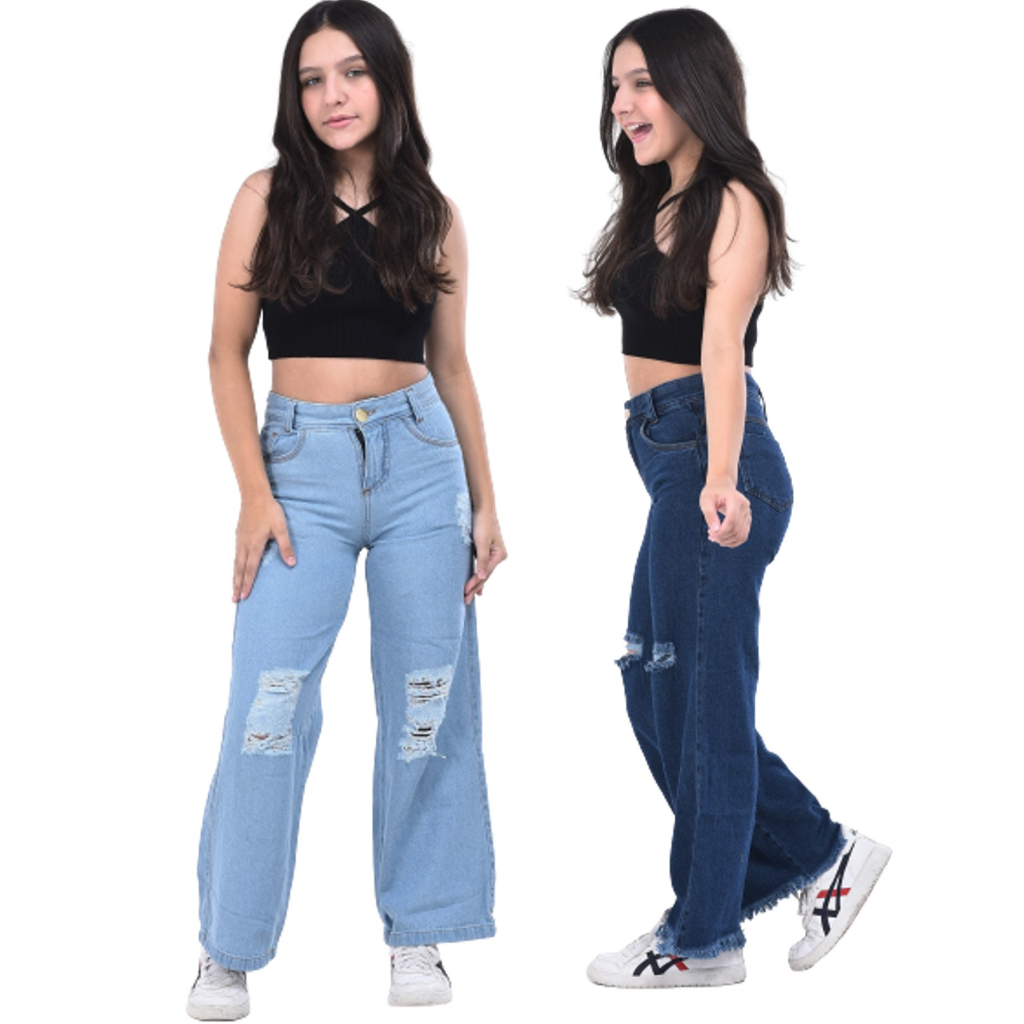 calça wide leg  jeans pantalona folgada juvenil menina 8 aos 16 em Oferta na Shopee