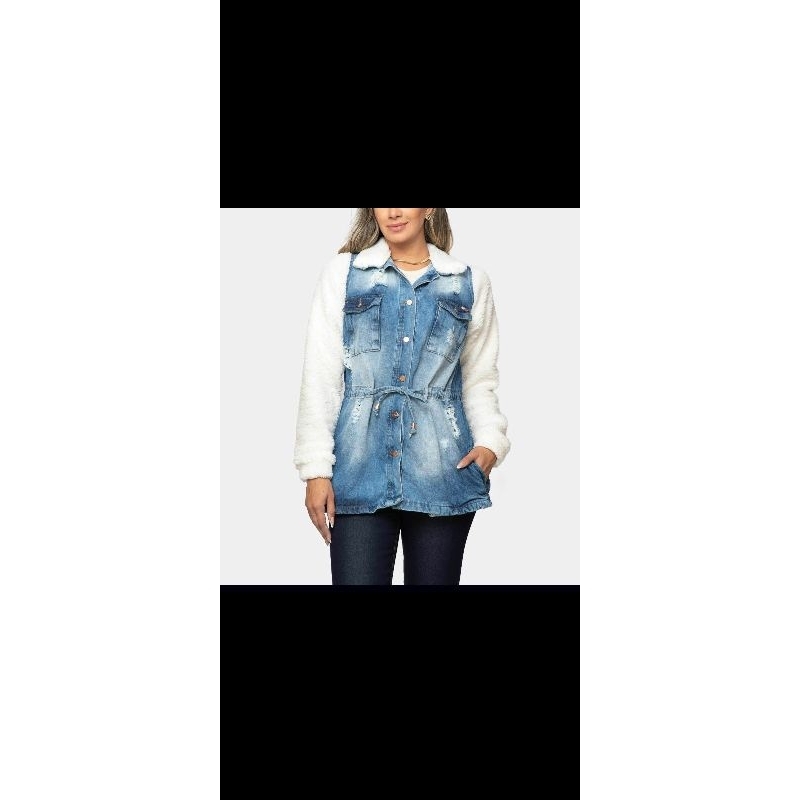 PARKA JEANS CLARA COM PELOS NA MANGA - JAQUETA COM PELÚCIA NA MANGA - PARKA FEMININA