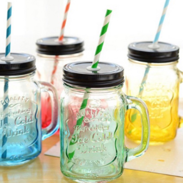 Kit 2 Copos Caneca Pote Vidro Ice Cold C/ Canudo Tampa 450ml