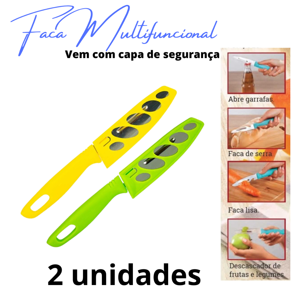 Conjunto Kit com 2 Facas com quatro funções Abridor de lata, descascador de legume, faca de serra e faca com capa bainha