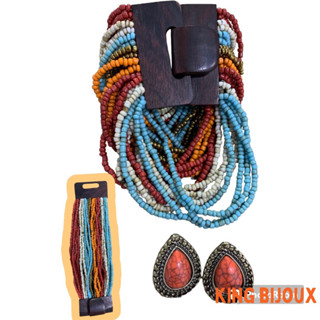 Kit pulseira femininas multicamadas em missangas e fecho madeira + par de brinco