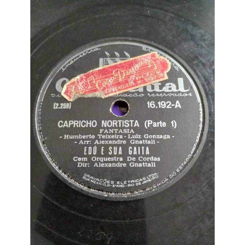 Disco 78 RPM Edu Da Gaita Capricho Nortista 1950 Continental