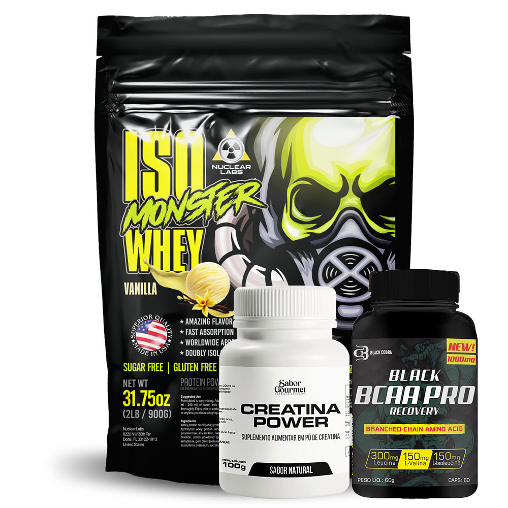 Kit Mega Massa Iso Whey 900g Morango Bcaa Creatina