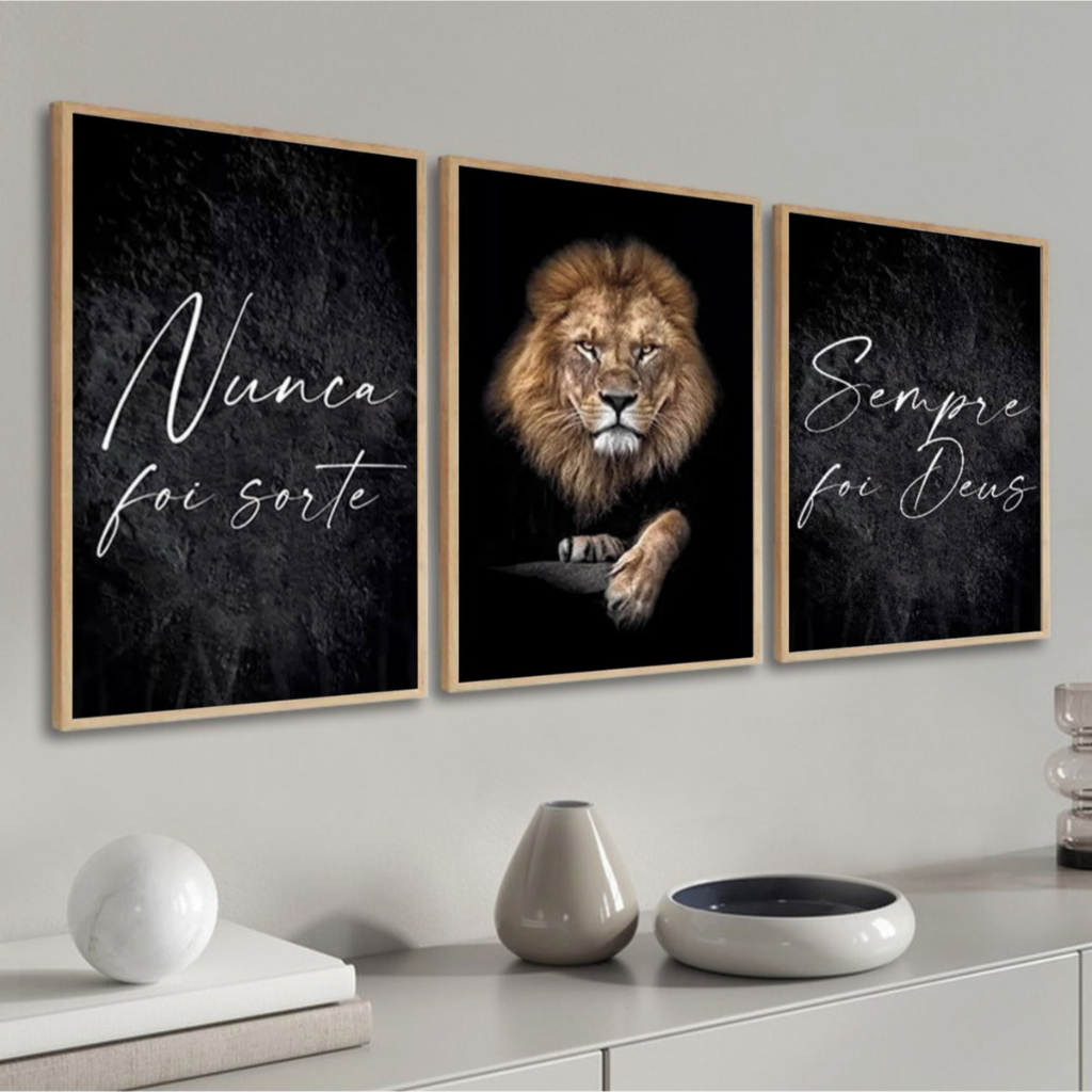 kit 3 quadros leão marrom de judá frase religiosa decoração religiosa com molduras