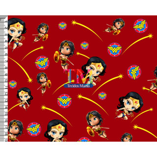 Tecido tricoline, microfibra ou gabardine estampado - Mulher maravilha - Funko - fundo bordo - 0,50 cm