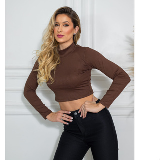 Cropped Manga Longa Marrom Gola Alta Canelado em Oferta na Shopee