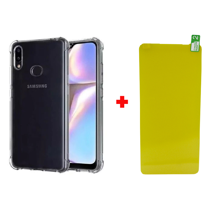 Kit Capa Capinha Case Anti Impacto Shock Para Samsung Galaxy A10s Air Bag Proteção Total Anti Queda Silicone Transparente Clear Bordas Grossa + Pelicula de Gel