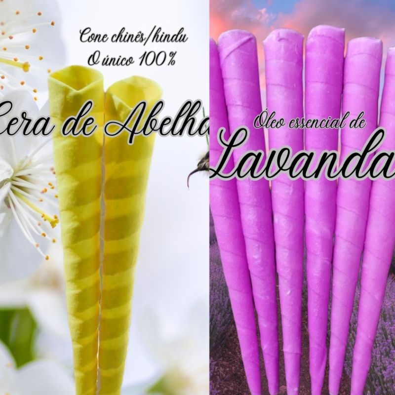 Cone Hindu Chinês kit 14 cera + 14 lavanda Óleo Essencial com cera de abelha