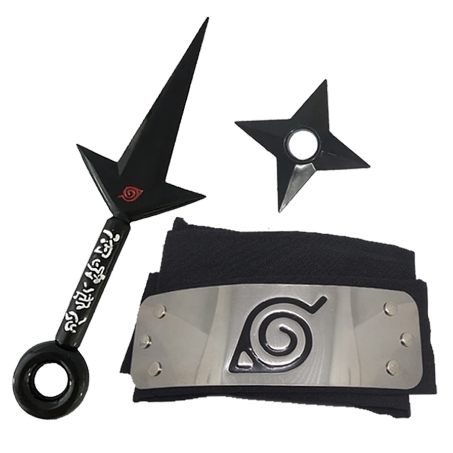 Bandana em Aço Inox Vila da Folha Naruto + Kunai Minato + Shuriken