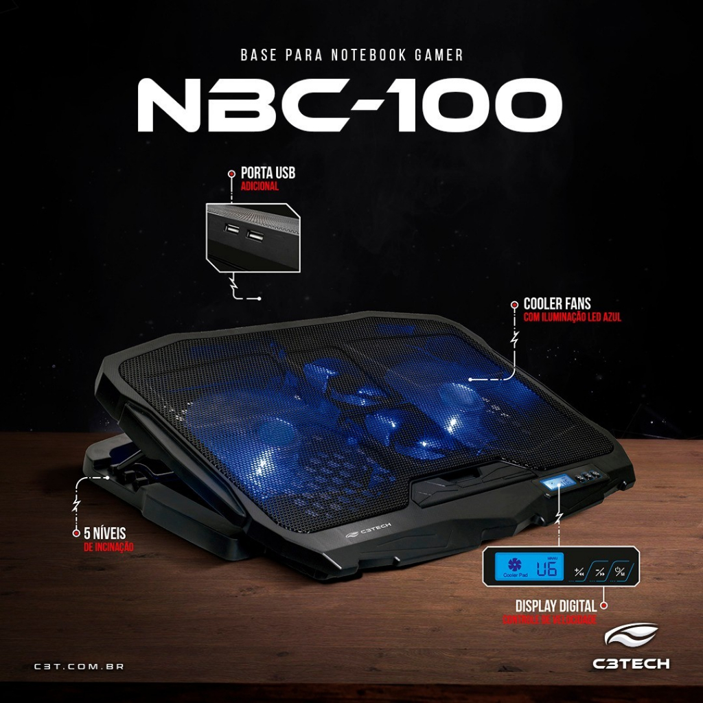 Suporte para Notebook Gamer Base Mesa Cooler C3Tech NBC-100BK 17 Polegadas Led Novo Pronta Entrega com Nota Fiscal
