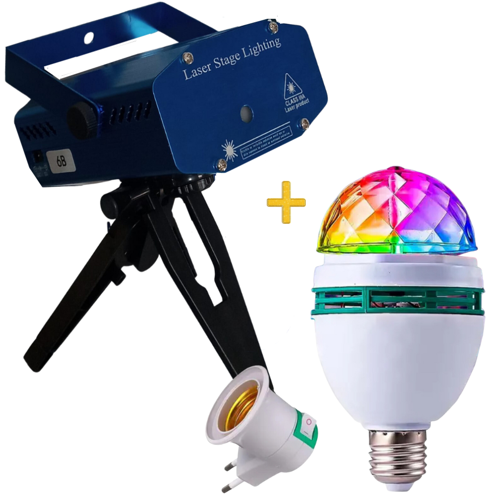 Mini Projetor Canhão Holográfico Led 6 Efeitos + Lâmpada Giratória Balada Festa