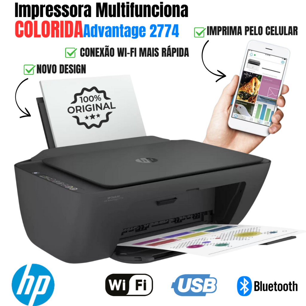 Original Impressora Multifuncional Hp Deskjet Ink Advantage 2774 Wifi, Bluetooth, USB, Imprime Do Celular - Monocromática/Colorida