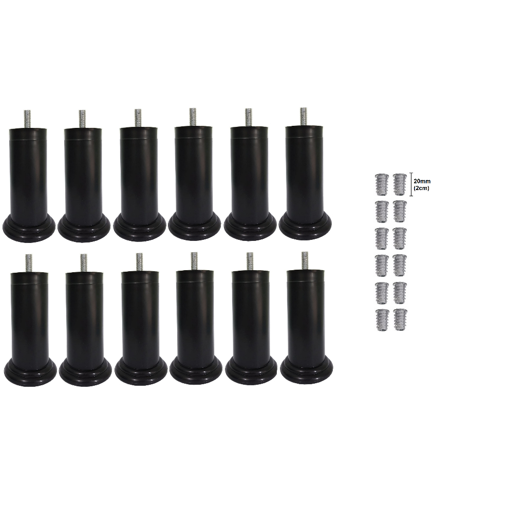 Kit 12 Pé Cama Box Preto Plástico Fixo Rosca 5/16 + Bucha Americana