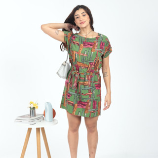 Vestido curto feminino manga curta colorido estampado com cinto