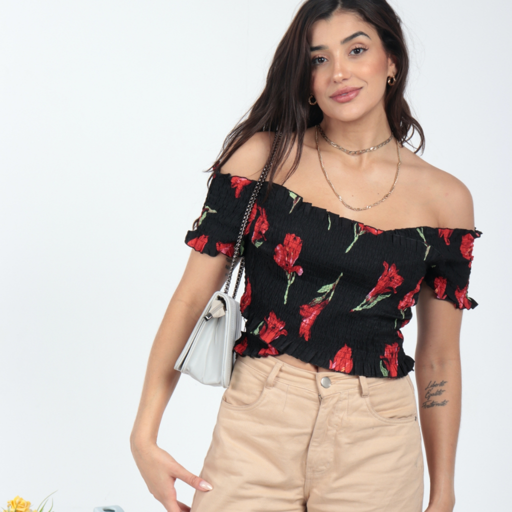 Cropped Ciganinha  Manga Curta Ombro a Ombro Poliéster Floral