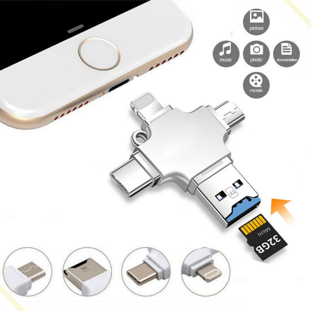 Adaptador OTG 4 em 1 com Leitor de Cartão de Memoria Micro SD Adaptador Otg Tipo C V8 Compativel com Iphone Pendrive Para Celular Tablet Usb Mac Book