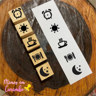 Kit carimbo horarios remedios sol almoço mini 1,5cm com 5 unid artesanal madeira embalagem em Oferta na Shopee