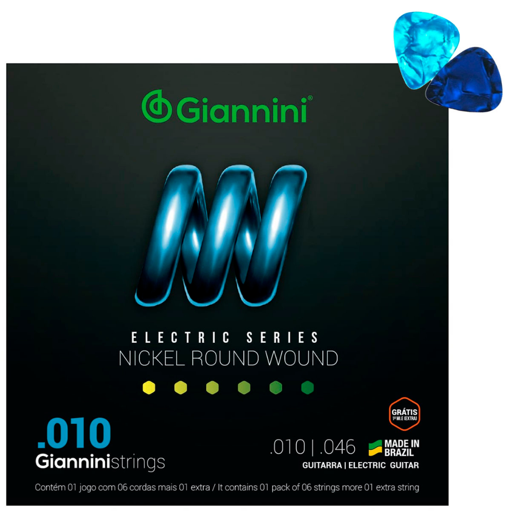 Encordoamento Para Guitarra Giannini Niquel .010 GEEGST10 + 2 Palhetas